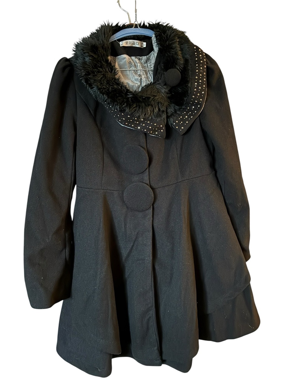 Women's Black Faux-Fur Trim Peacoat with Studded Collar
